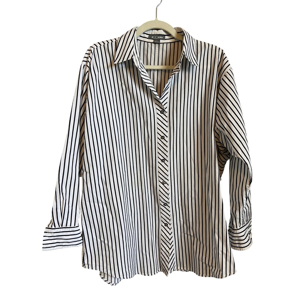 Go Silk Womens Large Striped Button Down Shirt Black White 100% Cotton Oversized